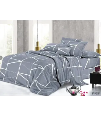 Lenjerie de pat 4 piese din finet – design minimalist cu linii albe pe fundal gri – H787 Engros