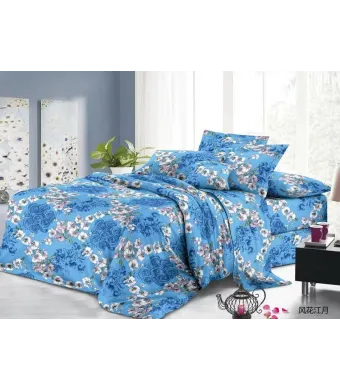 Lenjerie de pat 4 piese din finet – imprimeu floral pe fundal albastru – H785 Engros