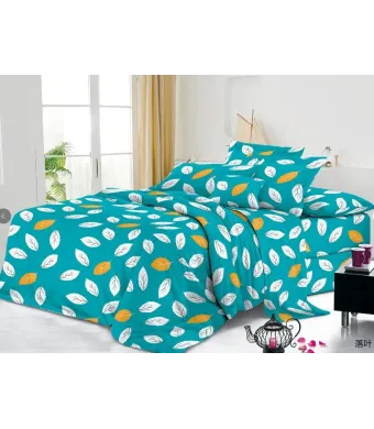 Lenjerie de pat 4 piese din finet – imprimeu frunze albe și galbene pe fundal turcoaz – H784 Engros