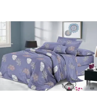 Lenjerie de pat 4 piese din finet – imprimeu frunze tropicale pe fundal mov lavandă – H788 Engros
