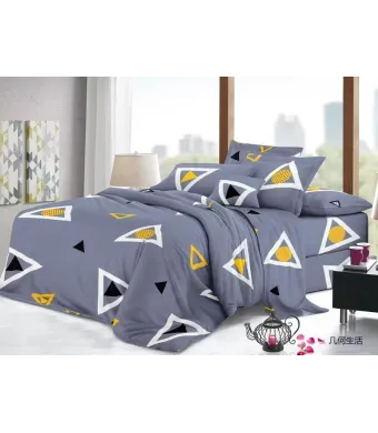 Lenjerie de pat 4 piese din finet – imprimeu geometric în nuanțe de gri și galben – H786 Engros