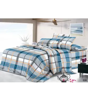 Lenjerie de pat 4 piese din finet – model carouri albastre și portocalii – H780 Engros