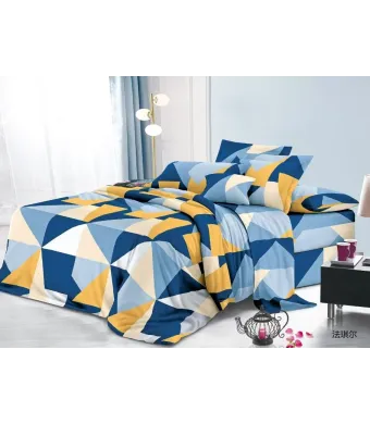 Lenjerie de pat 4 piese din finet – model geometric albastru-galben – H793 Engros
