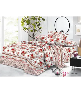 Lenjerie de pat 4 piese din finet – model floral romantic cu trandafiri roșii – H795 Engros