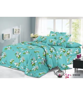 Lenjerie de pat 4 piese din finet – model floral turcoaz cu flori albe – H791 Engros
