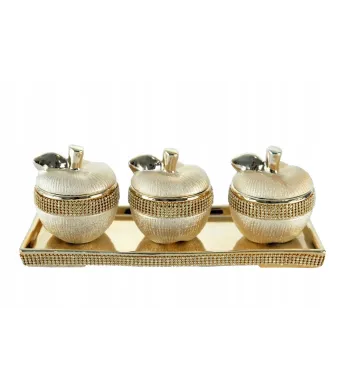 SET CONDIMENTE CU  FORMA MAR SI TAVITA DIN CERAMICA  CULOARE AURIE CU STRASURI, 30 cm TAVITA , MAR  H 10CM SI DIAMETRUL 9 CM