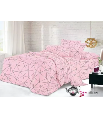 Lenjerie de pat 4 piese din finet – roz pudrat cu imprimeu geometric minimalist – H796 Engros