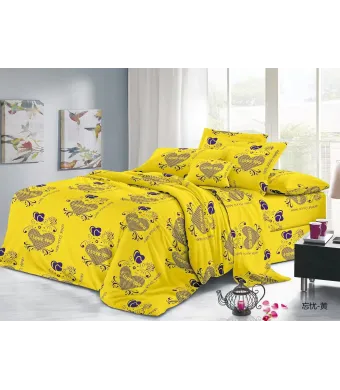 Lenjerie de pat 4 piese din finet – H806 – galben intens cu imprimeu floral violet și gri Engros