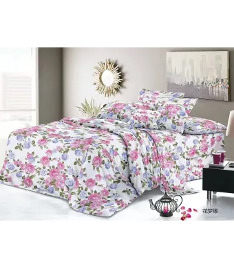 Lenjerie de pat 4 piese din finet– cod H802 – imprimeu floral pastel pe fundal alb Engros