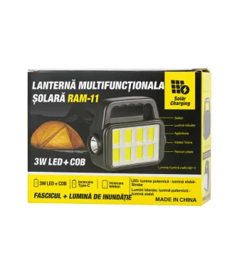 Lanternă Multifuncțională Solară RAM-11 (3W LED + COB) Engros