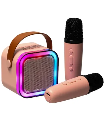 Set karaoke cu 2 microfoane și boxă portabilă, roz, 6W, iluminare LED, schimbare voce, baterii reîncărcabile engross