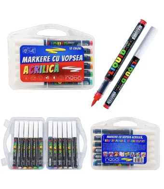 Set 12 Markere cu Vopsea Acrilică Nebo Engros – Vârf Tip Pensulă, Culori Intense, Cutie Plastic | Ideal pentru Pictură, Craft și DIY