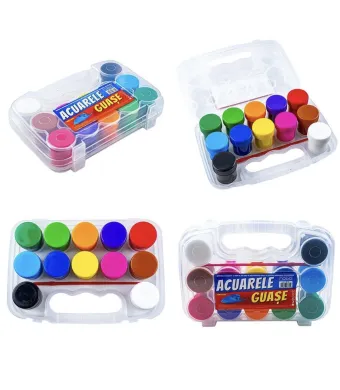 Set Acuarele Guașe 12 Culori în Cutie Transparentă cu Mâner Engros – Ideal pentru Școală, Grădiniță și Activități Creative
