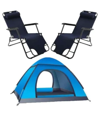 Set 2 Sezlonguri Mercaton cu Tetiera, Cadru Metalic si Panza Oxford 600D Impermeabila, rezistent UV, Mag 150 kg, 178x60x79 cm, Navi Blue si Cort Automatic de 2-3 Persoane, Impermeabil, Plasa Anti-Insecte, 200x200x135 cm, Albastru Engros