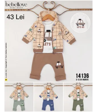 Compleu Engros pentru bebelusi, 3 piese, cu model imprimat (Maro)