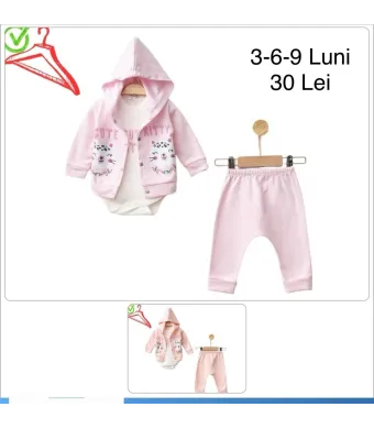 Compleu Engros pentru bebelusi, 3 piese, cu model imprimat (ROZ)