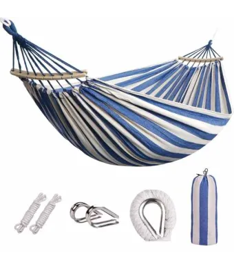 Hamac de Gradina Mercaton cu Suport de Lemn Anti-Incalcire, Sac Transport si Accesorii Montaj Incluse, Maxim 180 Kg, Multicolor, 280 x 80 cm Engros