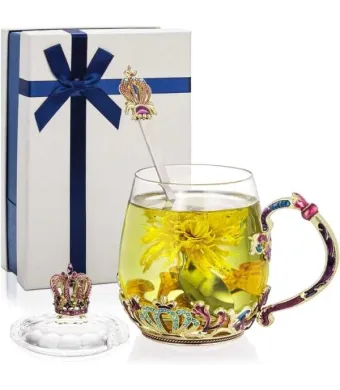 Cana Handmade Mercaton Crown din Sticla Emailata, Transparenta, Termorezistenta, cu Capac si Lingurita, Design Coroana, 320 ml Engros