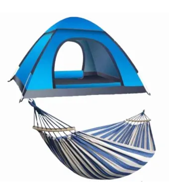Set Mercaton, Cort Automat 3-4 Persoane 200x200x135 cm, Impermeabil, Protectie UV, Albastru si Hamac cu Suport Lemn, Anti-Incalcire, 280×80 cm, Maxim 180 kg Engros