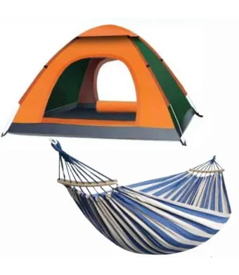 Set Mercaton, Cort Automat 3-4 Persoane 200x200x135 cm, Impermeabil, Protectie UV, Portocaliu si Hamac cu Suport Lemn, Anti-Incalcire, 280×80 cm, Maxim 180 kg Engros