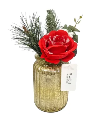 Decoratiune florala artificiala pentru Craciun in ghiveci de sticla 10 x 30 cm