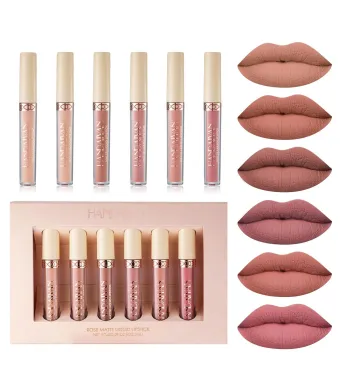 Handaiyan Rose Matte Liquid Lipstick H1012-6B – Set 6 Rujuri Lichide Mate, Nuanțe Nude-Roz Rezistente Engros