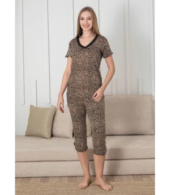 Pijama dama Engros, Model leopard, Mânecă scurtă, Pantaloni 3/4