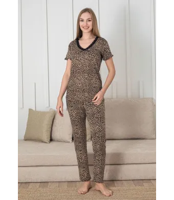 Pijama dama Engros, Model leopard, Mânecă scurtă, Pantaloni lungi,