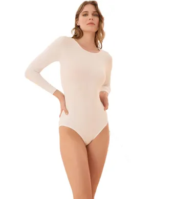 Body cu Mâneci Lungi și Închidere cu Capse, Engros , Bej (S)