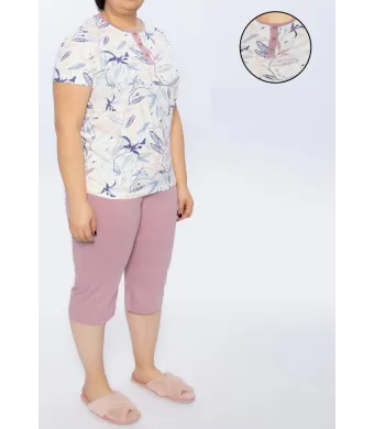 Pijama Dama Bumbac Mărimi Mari, Baza Gâtului cu 3 Nasturi și Flori,Mov  Engros