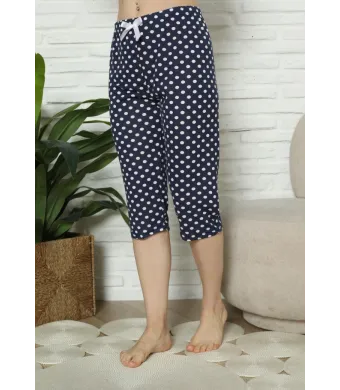 Pantaloni pijama damă 3/4, bleumarin, imprime cu buline, engros