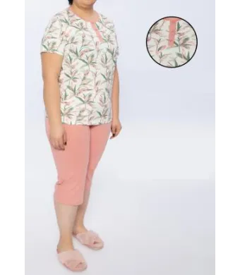 Pijama Dama Bumbac Mărimi Mari, Baza Gâtului cu 3 Nasturi și Flori,Roz Engros