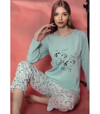 Pijama damă cu mânecă lungă și pantaloni lungi asortați, imprimeu ,,Cute, Pretty", blue,Engros