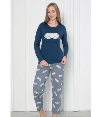 Pijama damă cu mânecă lungă și pantaloni lungi, imprimeu ,,Good Night Bleumarin, Engros