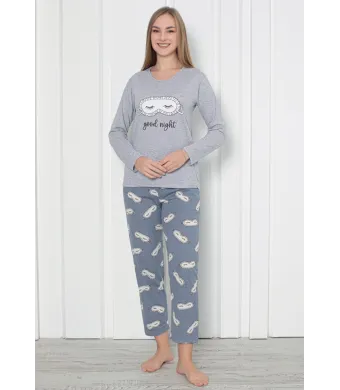 Pijama damă cu mânecă lungă și pantaloni lungi, imprimeu ,,Good Night'', culoare gri, Engros