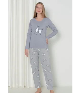 Pijama damă cu mânecă lungă și pantaloni lungi, imprimeu ,,Happy Face'', culoare gri, Engros