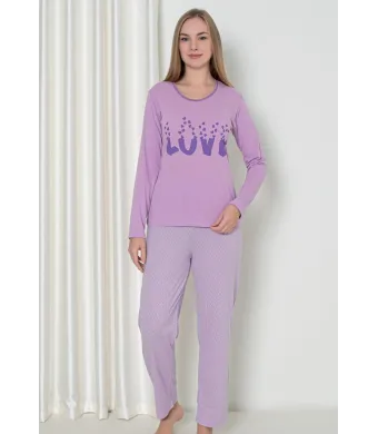 Pijama damă cu mânecă lungă și pantaloni lungi, imprimeu ,,Love'', culoare mov, Engros