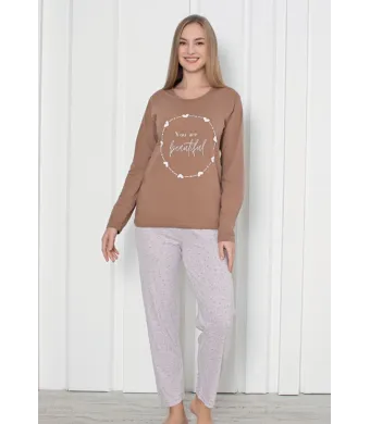 Pijama damă cu mânecă lungă și pantaloni lungi, imprimeu ,,You Are Beautiful'', culoare maro, Engros