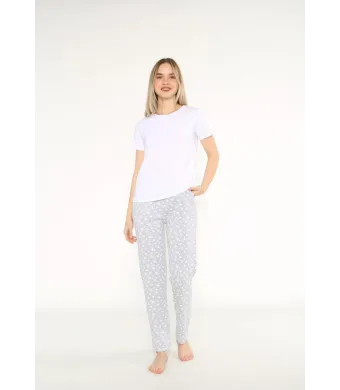 Pijama damă lejeră cu tricou alb și pantaloni lungi gri cu flori, Engros