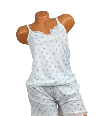 Pijama Damă Maiou și Short – Bretele Subțiri, Dantelă Delicată, Droială Lejeră, Imprimeu cu Flori Albastre, Engros