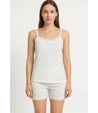 Pijama Damă Maiou și Short – Bretele Subțiri, Dantelă Delicată, Croială Lejeră, Imprimeu cu Puncte Negre, Engros