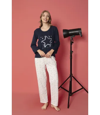 Pijama damă vătuită cu mânecă lungă și pantaloni lungi din bumbac, imprimeu cu stea, Engros