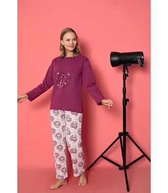 Pijama damă vătuită cu mânecă lungă și pantaloni lungi din bumbac, imprimeu Teddy, Engros