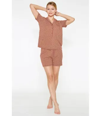 Pijama Dama,Bluza cu Mâneci Scurte și Pantaloni Scurți cu Elastic în Talie, Bordo,Engros
