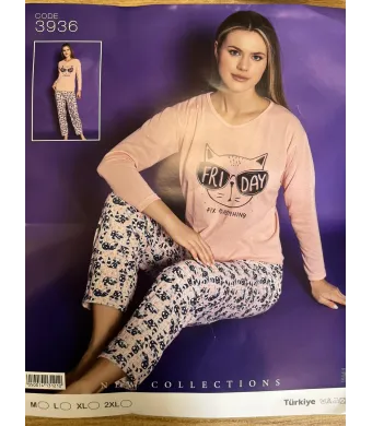 Pijamle, dama cu maneca lunga,cu imprimeu,ursulet negru,Engros