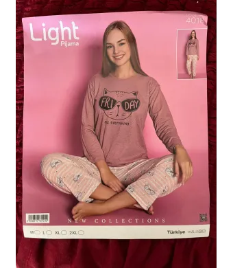 Pijamle, dama cu maneca lunga, ,roz, imprimeu pisica ,Engros