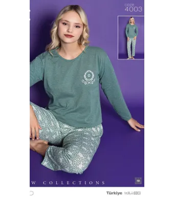 Pijamle, dama cu maneca lunga, ,verde imprimeu alb ,Engros