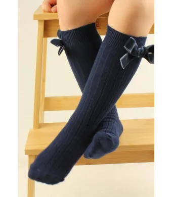 Șosete fetițe 3/4, bumbac, cu fundiță decorativă,Bleumarin, Engros (9-10 ani)