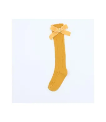 Șosete fetițe 3/4, bumbac, cu fundiță decorativă- galben muștar,Engros (9-10 ani)