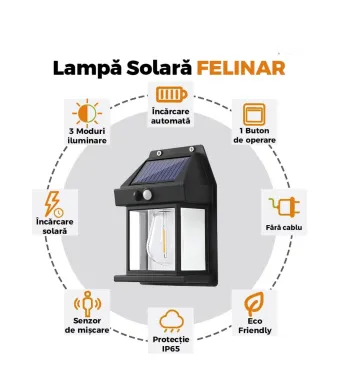 Lampa Solara de Perete LED Tip  Felinar-ENgros senzor de miscare  5-8 metri, fara fir, 3 moduri de iluminare, protectie IP65,  Waterproof, exterior, negru